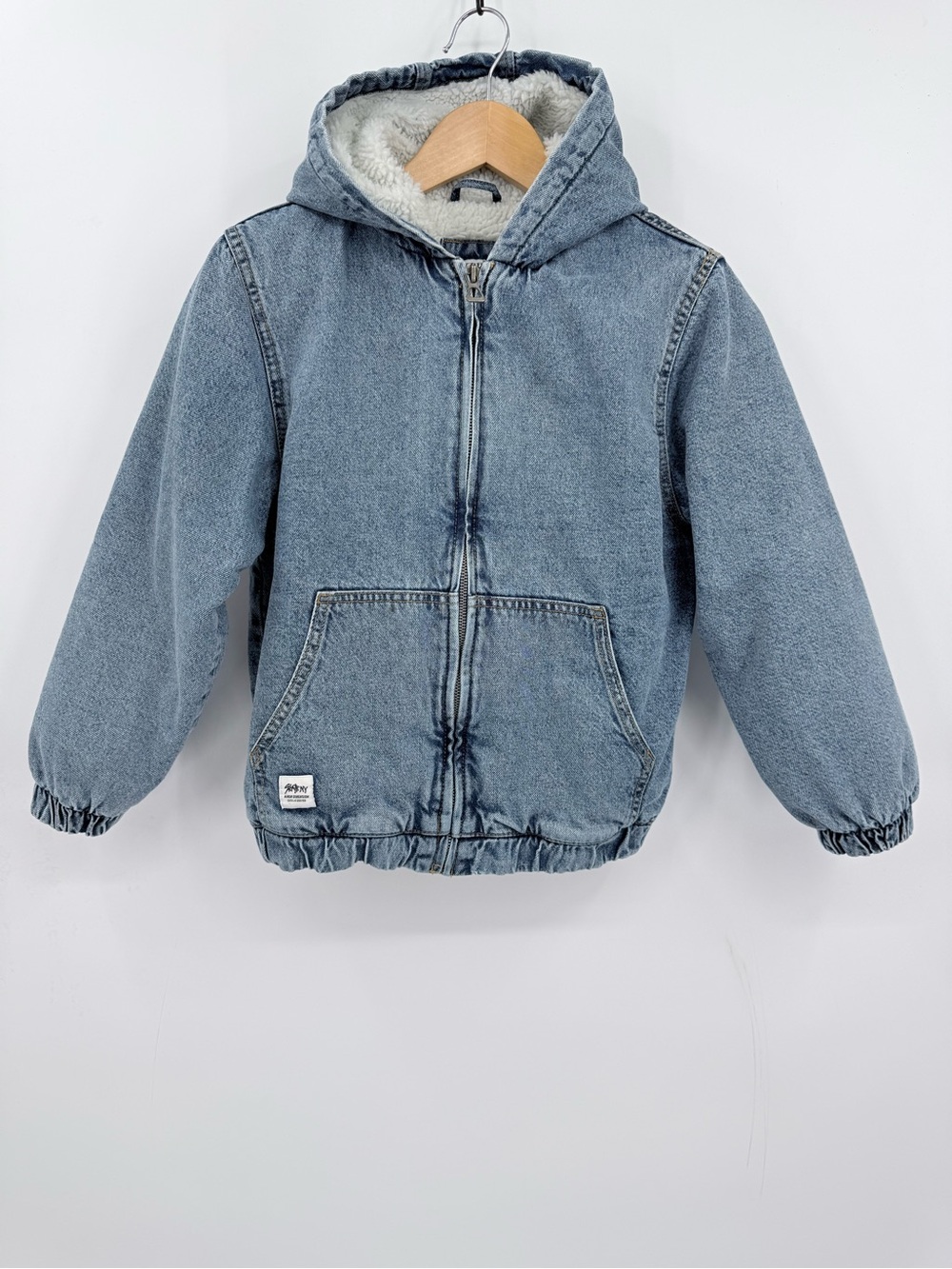 Zara Boys Denim Jacket Size 10 Blue Sherpa Fleece Lined Hooded Y2K Gorpcore